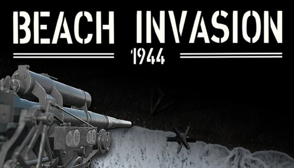Epic Games Storeで無料配布中のゲーム『Beach Invasion 1944』のタイトルロゴと海岸に設置された大砲のイラスト