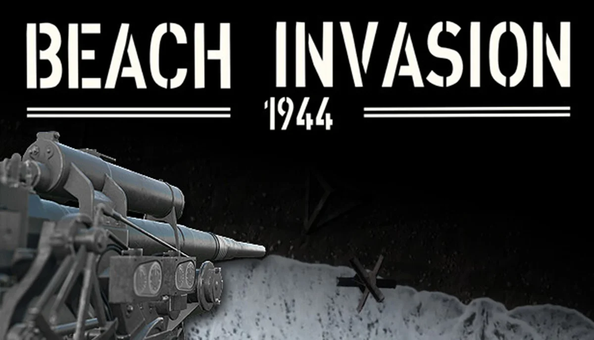 Epic Games Storeで無料配布中のゲーム『Beach Invasion 1944』のタイトルロゴと海岸に設置された大砲のイラスト