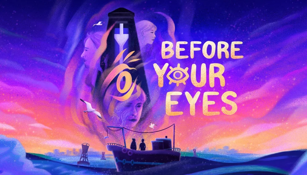 Lenovo CommunityのKey Dropで無料配布予定のゲーム『Before Your Eyes』のタイトルロゴと夕暮れの海に浮かぶ船と巨大な目のイラスト