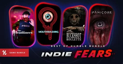 Humble Bundleの『Best of Humble Bundle Indie Fears Bundle』バナー画像とBuckshot RouletteやMouthwashingなどのゲームパッケージ