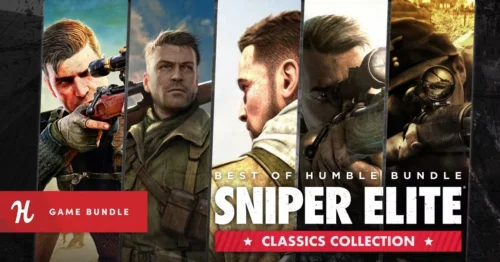 Humble Bundleの『Best of Sniper Elite: Classics Collection』バナー画像と狙撃銃を構えるスナイパーたちのイラスト