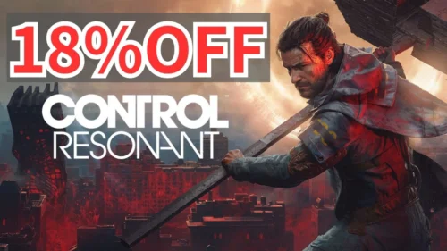 Green Man Gamingで18%オフ販売中の『CONTROL Resonant』バナー画像（18%OFFのバッジとタイトルロゴ、武器を構える主人公イラスト）