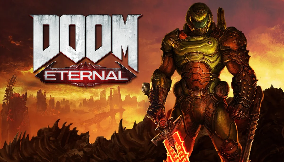 Amazon Prime Gamingで無料配布中のFPS『DOOM Eternal』のタイトルロゴとドゥームスレイヤーのイラスト