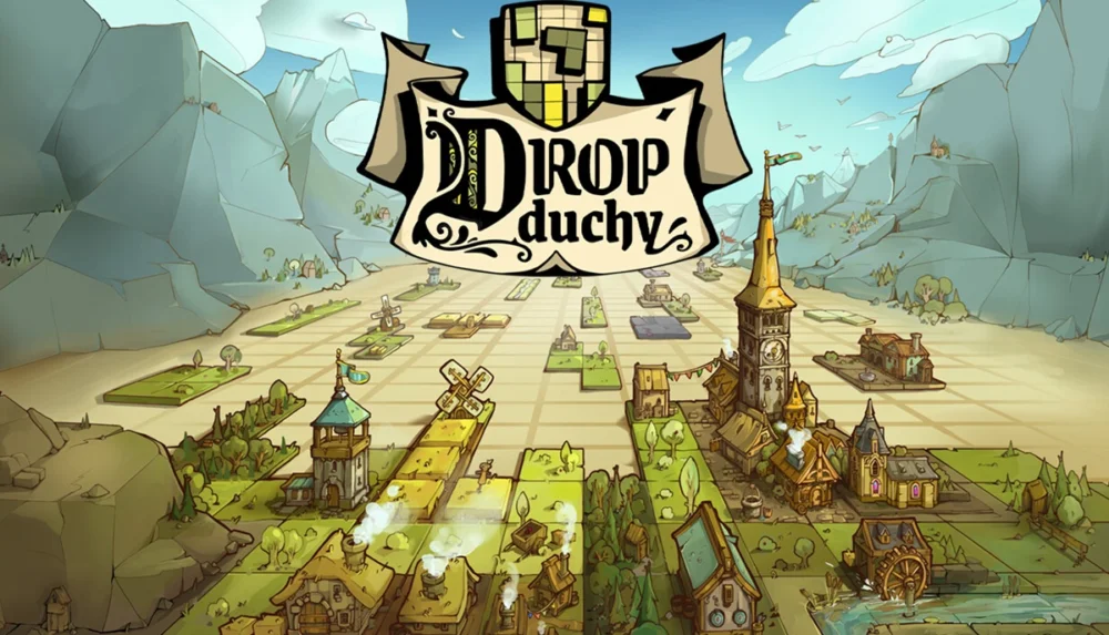 Amazon Lunaで無料配布中のゲーム『Drop Duchy』のタイトルロゴと箱庭フィールドのイラスト