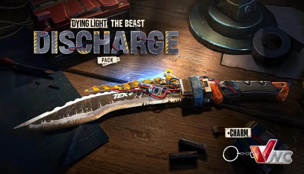 Steamで無料配布中のDying Light: The Beast用DLC『Discharge Weapon Pack』のタイトルロゴと放電武器・チャームの画像