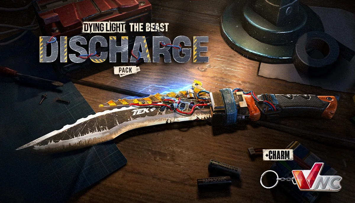 Steamで無料配布中のDying Light: The Beast用DLC『Discharge Weapon Pack』のタイトルロゴと放電武器・チャームの画像
