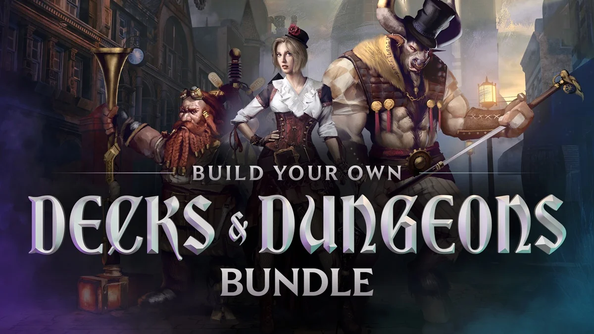 Fanaticalの『Build Your Own Decks & Dungeons Bundle』バナー画像とファンタジーキャラクターのイラスト