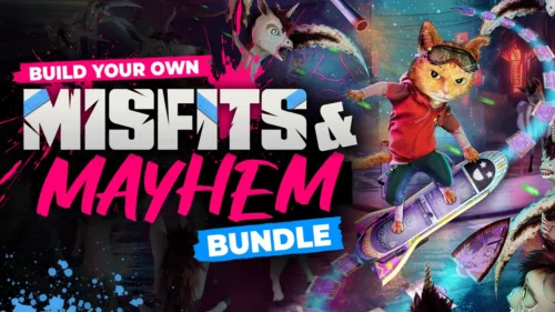 Fanaticalの『Build your own Misfits and Mayhem Bundle』バナー画像。ホバーボードに乗るスケボー猫のイラストとロゴ