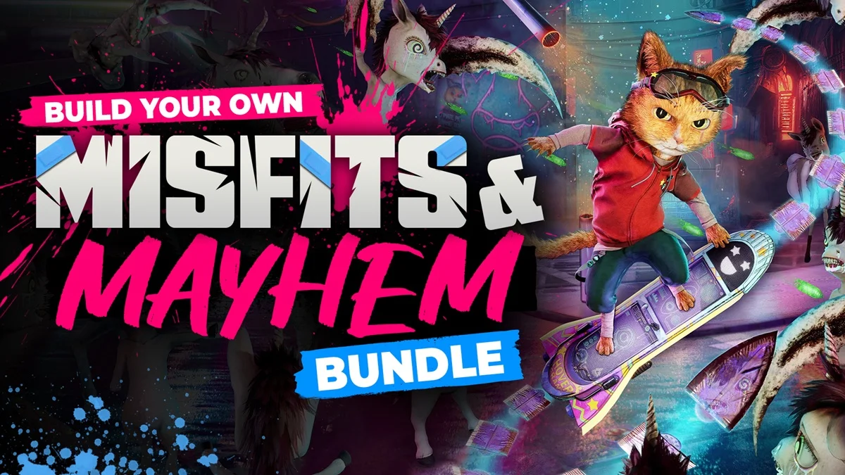 Fanaticalの『Build your own Misfits and Mayhem Bundle』バナー画像。ホバーボードに乗るスケボー猫のイラストとロゴ
