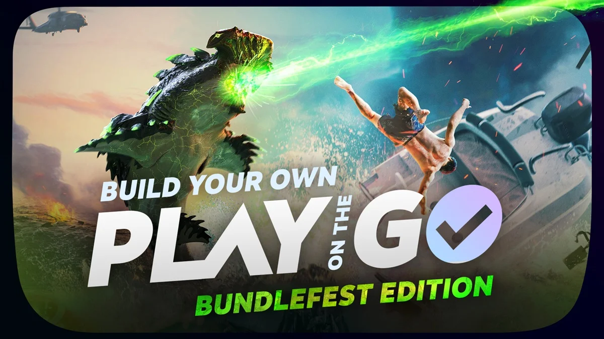 Fanaticalの『Build Your Own Play on the Go Bundle (Bundlefest Edition)』バナー画像とモンスター・アクションシーンのイラスト