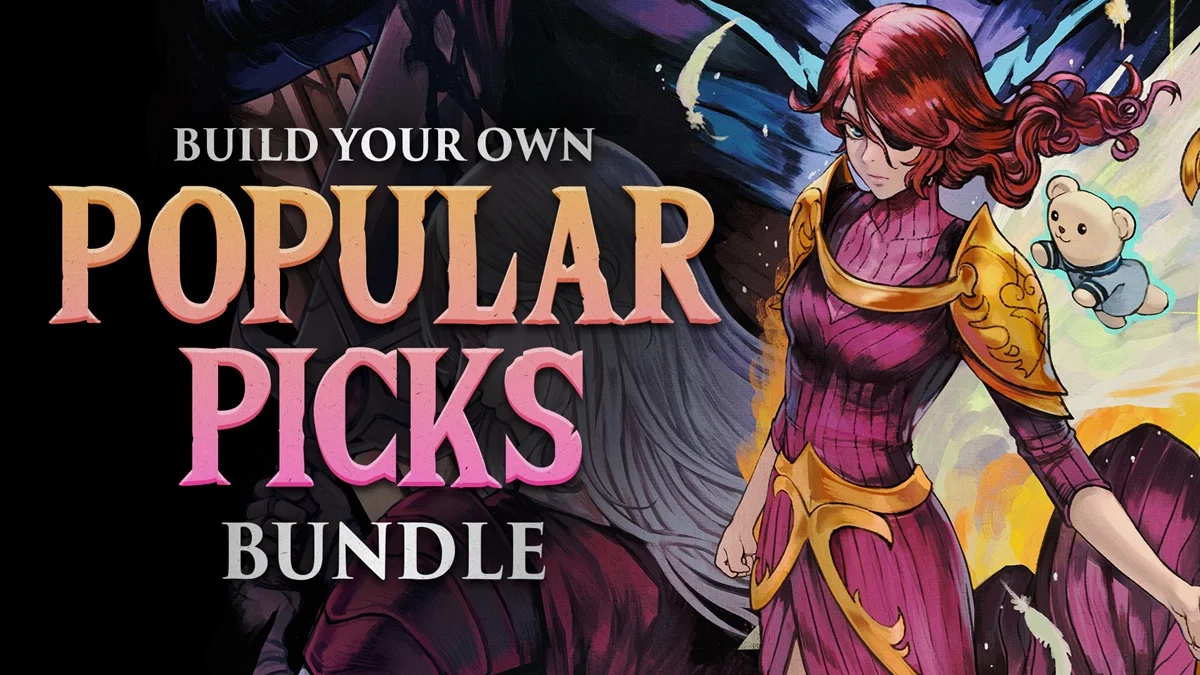 Fanaticalの『Build your own Popular Picks Bundle』バナー画像と赤い髪の女性キャラクターのイラスト