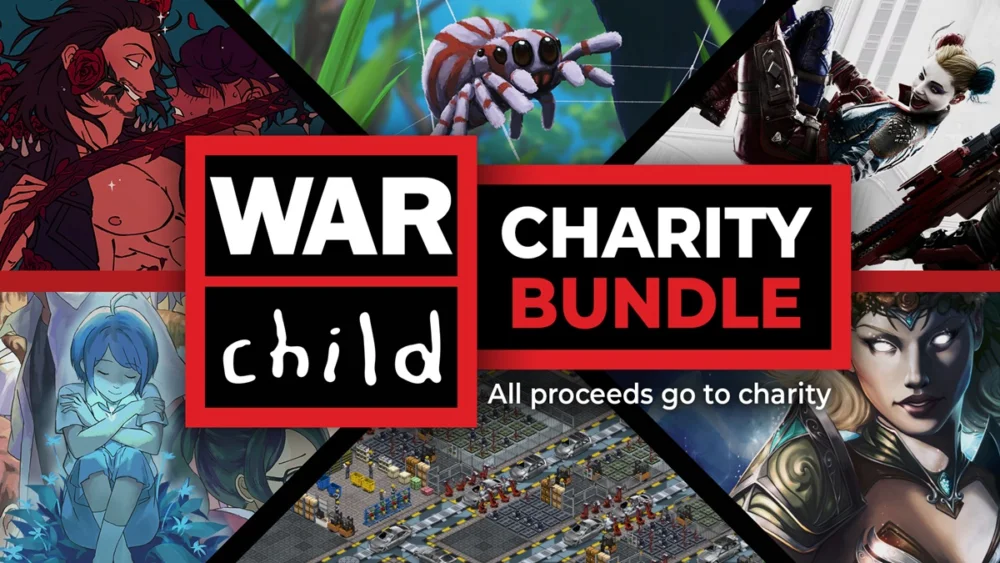 Fanaticalの『War Child Charity Bundle 2026』バナー画像と『Suicide Squad』『Webbed』などゲームキャラクターのイラスト