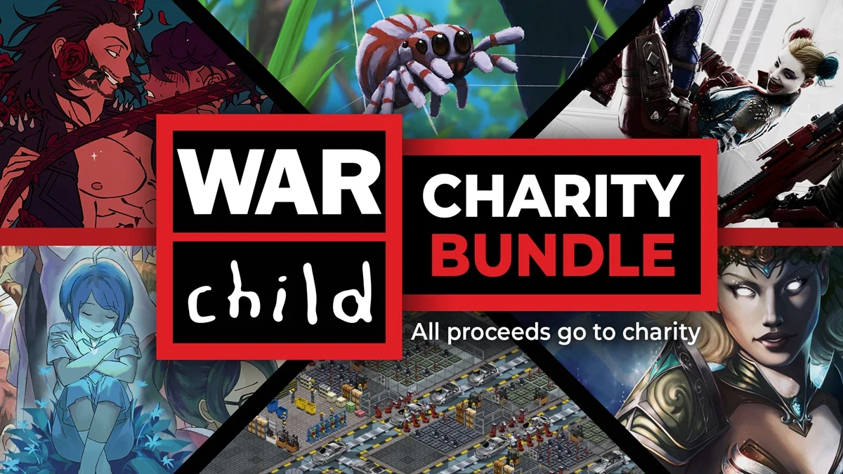 Fanaticalの『War Child Charity Bundle 2026』バナー画像と『Suicide Squad』『Webbed』などゲームキャラクターのイラスト