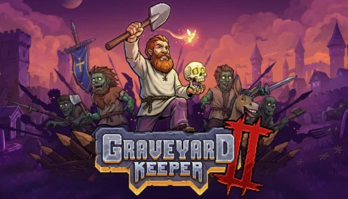 Green Man Gamingで36%オフセール中のシミュレーションゲーム『Graveyard Keeper 2』のタイトルロゴと墓守・ゾンビたちのイラスト