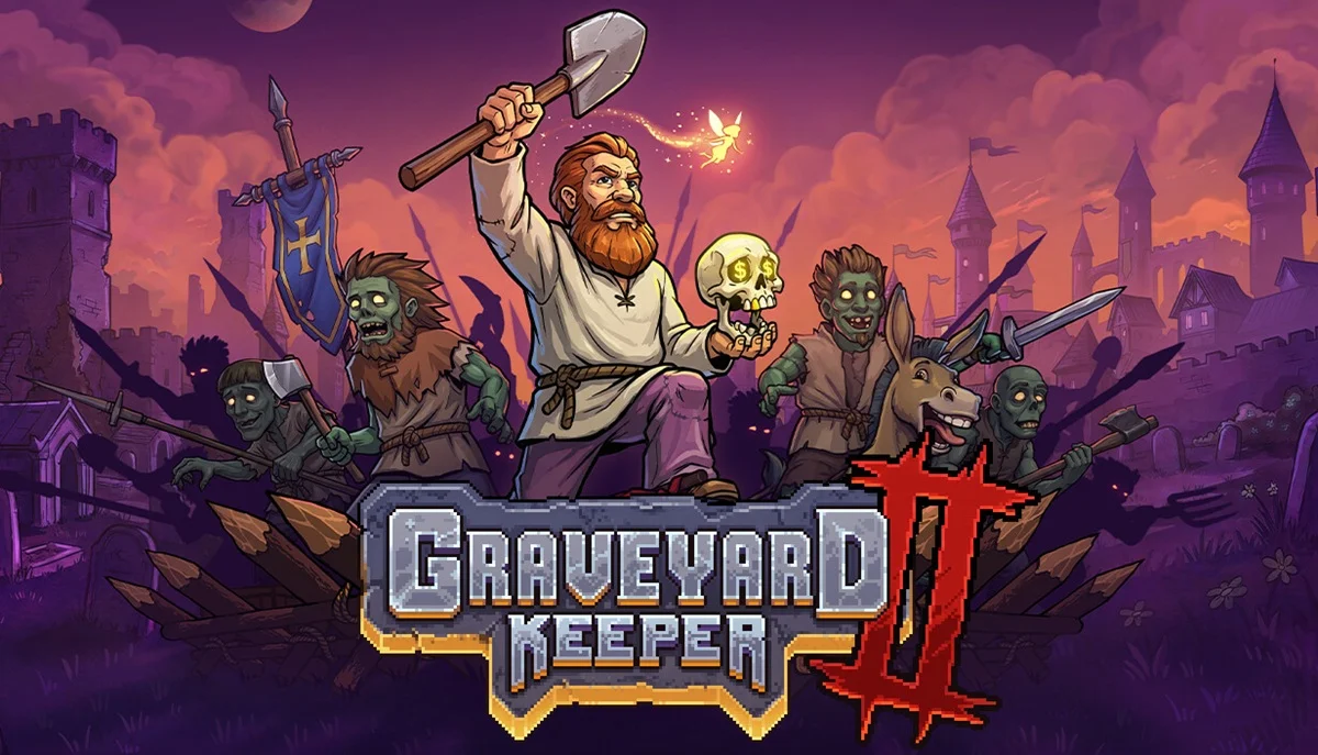 Green Man Gamingで36%オフセール中のシミュレーションゲーム『Graveyard Keeper 2』のタイトルロゴと墓守・ゾンビたちのイラスト