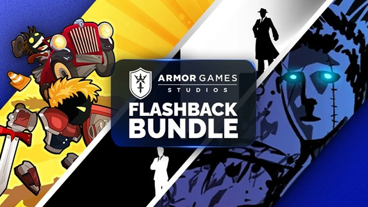 Green Man Gamingの『Armor Games Flashback Bundle』バナー画像と様々なゲームキャラクターのイラスト