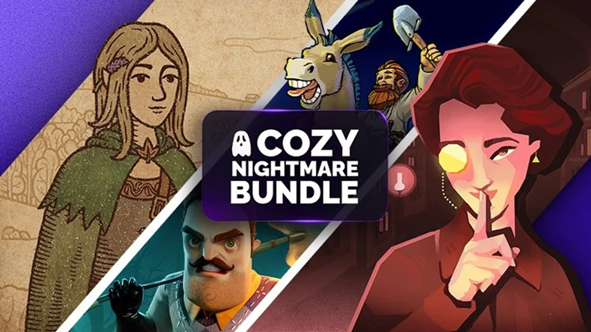 Green Man Gamingの『A Cozy Nightmare Bundle』バナー画像と『Graveyard Keeper』『Hello Neighbor』などゲームキャラクターのイラスト