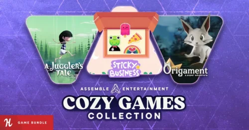 Humble Bundleの『Assemble Entertainment Cozy Games Collection』バナー画像とSticky BusinessやA Juggler's Taleなどのゲームパッケージ