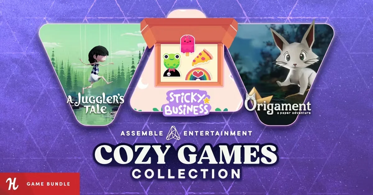 Humble Bundleの『Assemble Entertainment Cozy Games Collection』バナー画像とSticky BusinessやA Juggler's Taleなどのゲームパッケージ