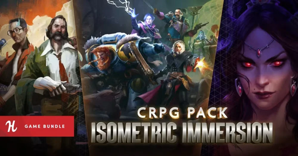 Humble Bundleの『CRPG Pack: Isometric Immersion』バナー画像と『Disco Elysium』『Warhammer 40,000: Rogue Trader』などのキービジュアルイラスト