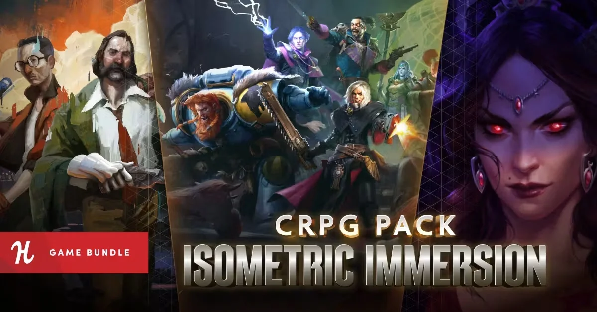 Humble Bundleの『CRPG Pack: Isometric Immersion』バナー画像と『Disco Elysium』『Warhammer 40,000: Rogue Trader』などのキービジュアルイラスト