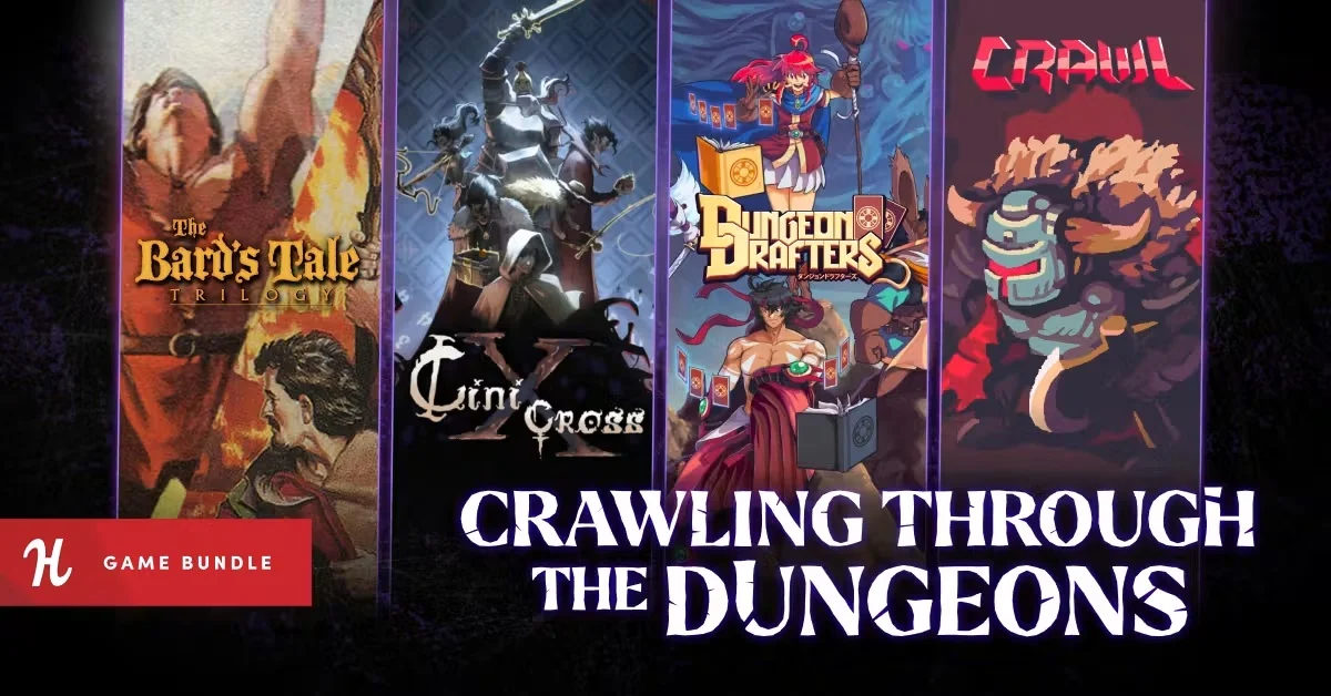 Humble Bundleの『Crawling Through the Dungeons Bundle』バナー画像と『The Bard's Tale Trilogy』『ダンジョンドラフターズ』などのゲームジャケットイラスト