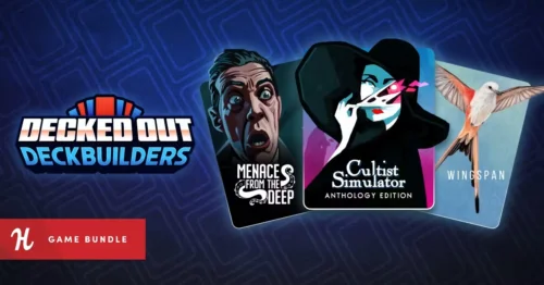 Humble Bundleの『Decked Out Deckbuilders Bundle』バナー画像とCultist SimulatorやWINGSPANなどのカードジャケット