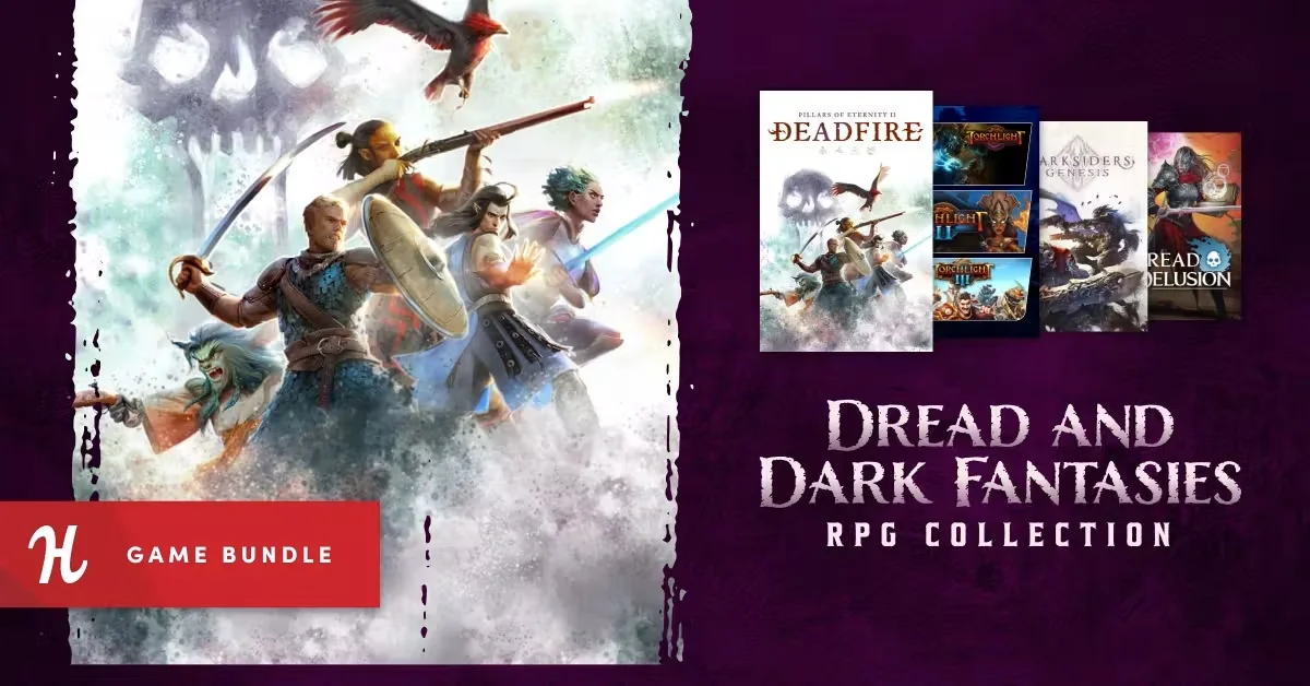 Humble Bundleの『Dread and Dark Fantasies RPG Collection』バナー画像と『Pillars of Eternity II』『Torchlight』などRPG作品のイラスト