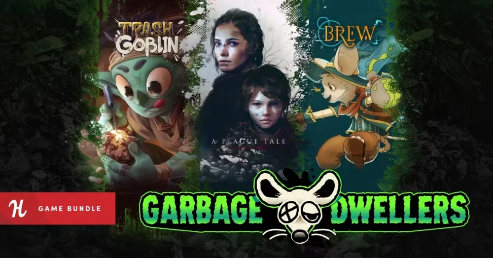 Humble Bundleの『Garbage Dwellers Bundle』バナー画像とA Plague TaleやTrash Goblinなどのゲームパッケージ