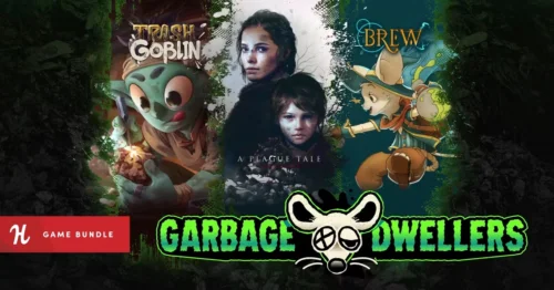 Humble Bundleの『Garbage Dwellers Bundle』バナー画像とA Plague TaleやTrash Goblinなどのゲームパッケージ