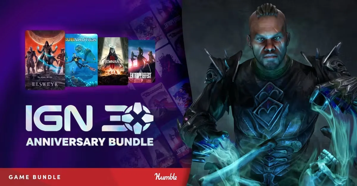 Humble Bundleの『IGN 30th Anniversary Bundle』バナー画像とSubnauticaやRemnantなどのゲームパッケージ