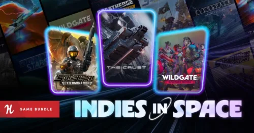 Humble Bundleの『Indies in Space Bundle』バナー画像とStarship TroopersやTHE CRUSTなどのゲームパッケージ