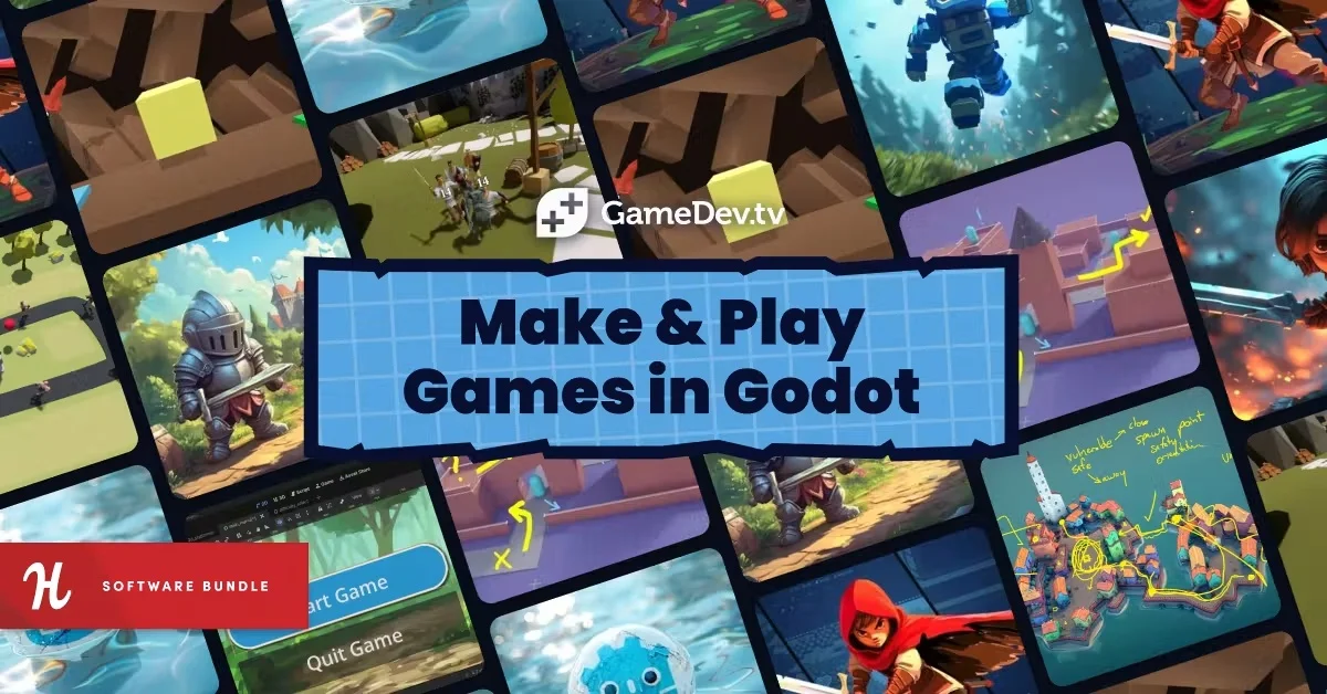 Humble Bundleの『Make & Play Games in Godot』バナー画像と様々なGodot製ゲーム画面のグリッドイラスト