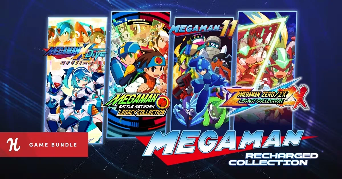 Humble Bundleの『Mega Man: Recharged Collection』バナー画像と『ロックマンエグゼ』『ロックマン11』などロックマンシリーズのジャケットイラスト
