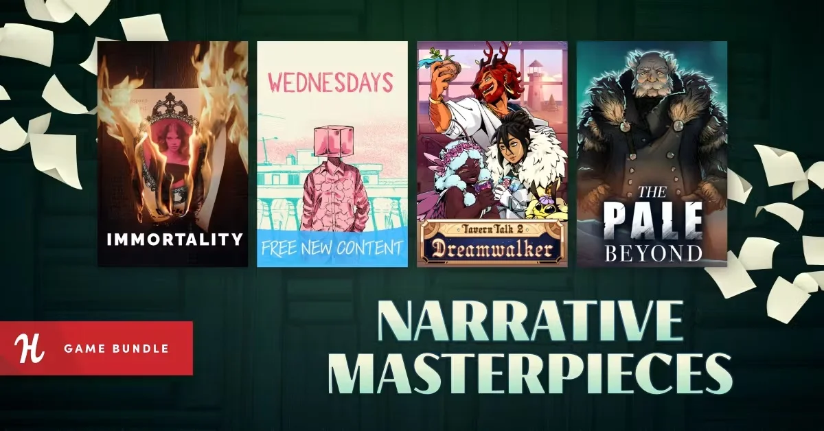 Humble Bundleの『Narrative Masterpieces Bundle』バナー画像と『IMMORTALITY』『The Pale Beyond』などゲームジャケットのイラスト