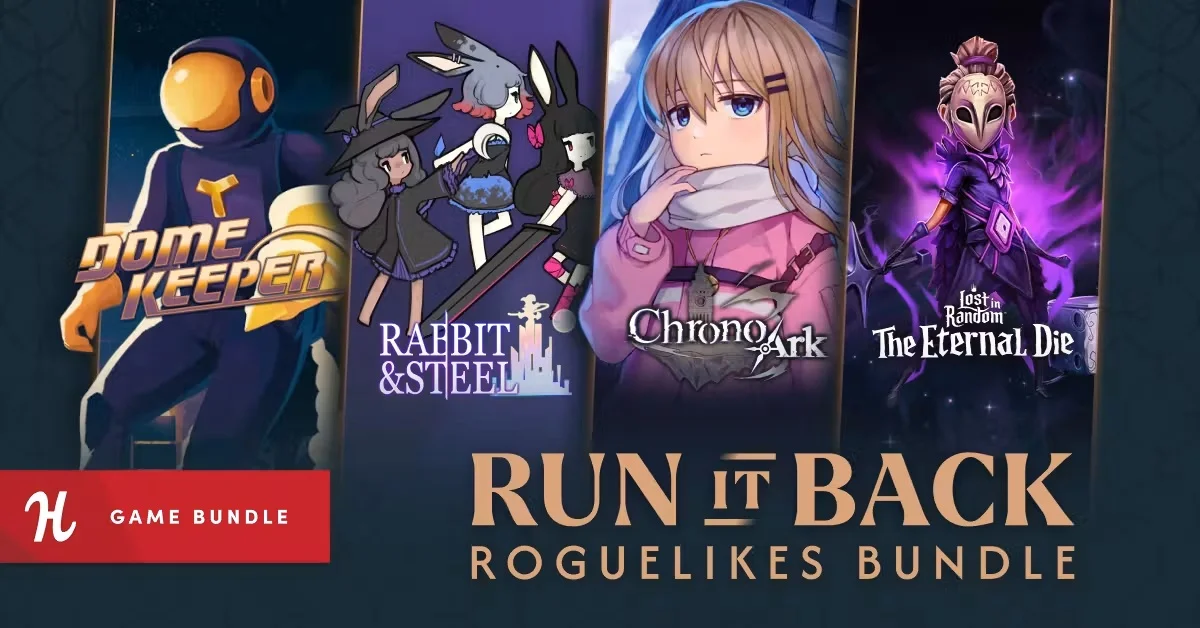 Humble Bundleの『Run It Back - Roguelikes Bundle』バナー画像とChrono ArkやRABBIT & STEELなどのゲームパッケージ