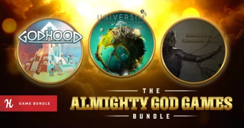 Humble Bundleの『The Almighty God Games Bundle』バナー画像とThe UniversimやGodhoodなどのゲームパッケージ