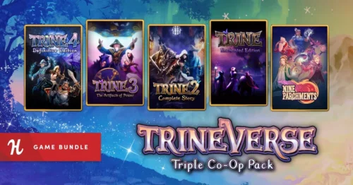 Humble Bundleの『Trineverse Triple Co-Op Pack』バナー画像とTrine 1~4やNine Parchmentsのゲームパッケージ