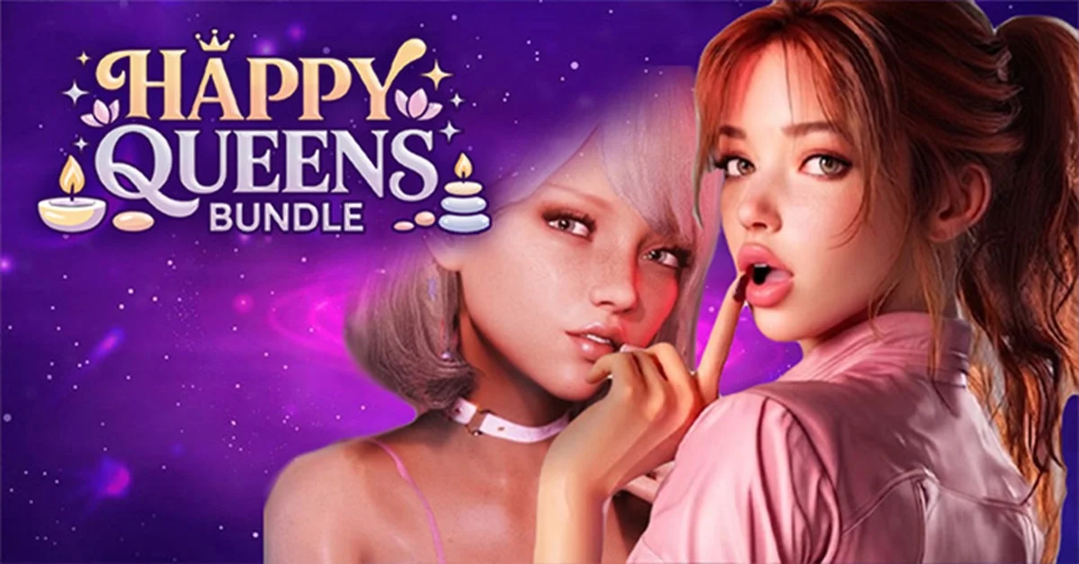 IndieGalaの『Happy Queens Bundle』バナー画像とCG女性キャラクターのイラスト