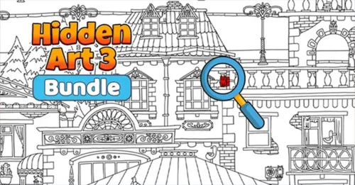 IndieGalaの『Hidden Art 3 Bundle』バナー画像。モノクロの街並みイラストと虫眼鏡でアイテムを探す画像
