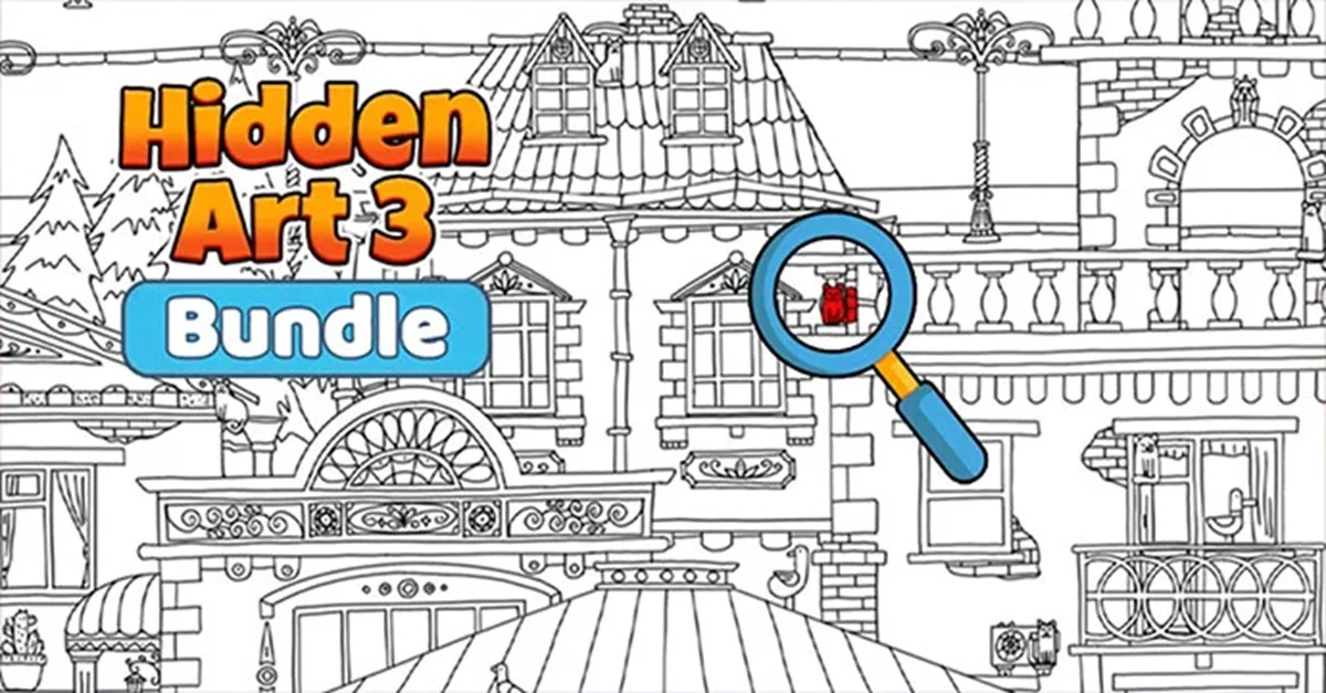 IndieGalaの『Hidden Art 3 Bundle』バナー画像。モノクロの街並みイラストと虫眼鏡でアイテムを探す画像