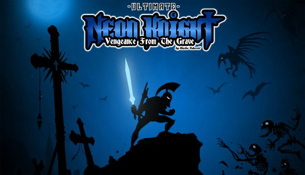 Steamで有料化が予定されているアクションゲーム『Neon Knight: Vengeance From The Grave』のタイトルロゴと光る剣を持つ騎士のイラスト
