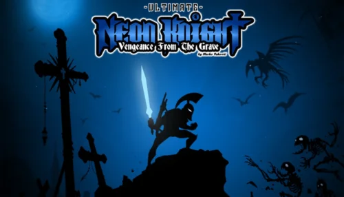 Steamで有料化が予定されているアクションゲーム『Neon Knight: Vengeance From The Grave』のタイトルロゴと光る剣を持つ騎士のイラスト