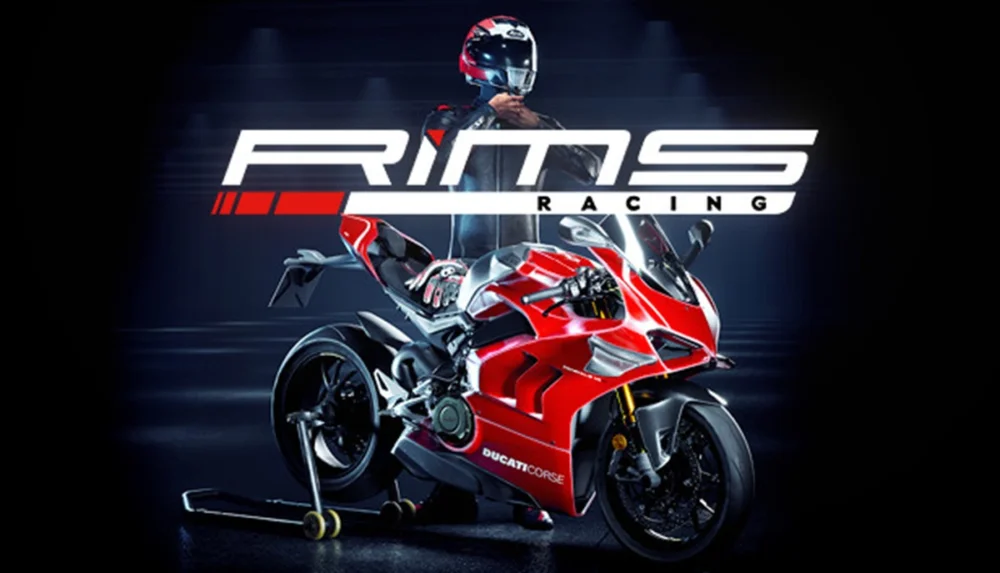 Amazon Prime Gamingで無料配布中のバイクレーシングゲーム『RiMS Racing』のタイトルロゴと赤いスーパーバイクの画像