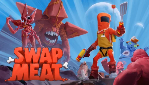 Alienware ArenaでSteamキーが無料配布中のゲーム『SWAPMEAT』のタイトルロゴとキャラクターイラスト