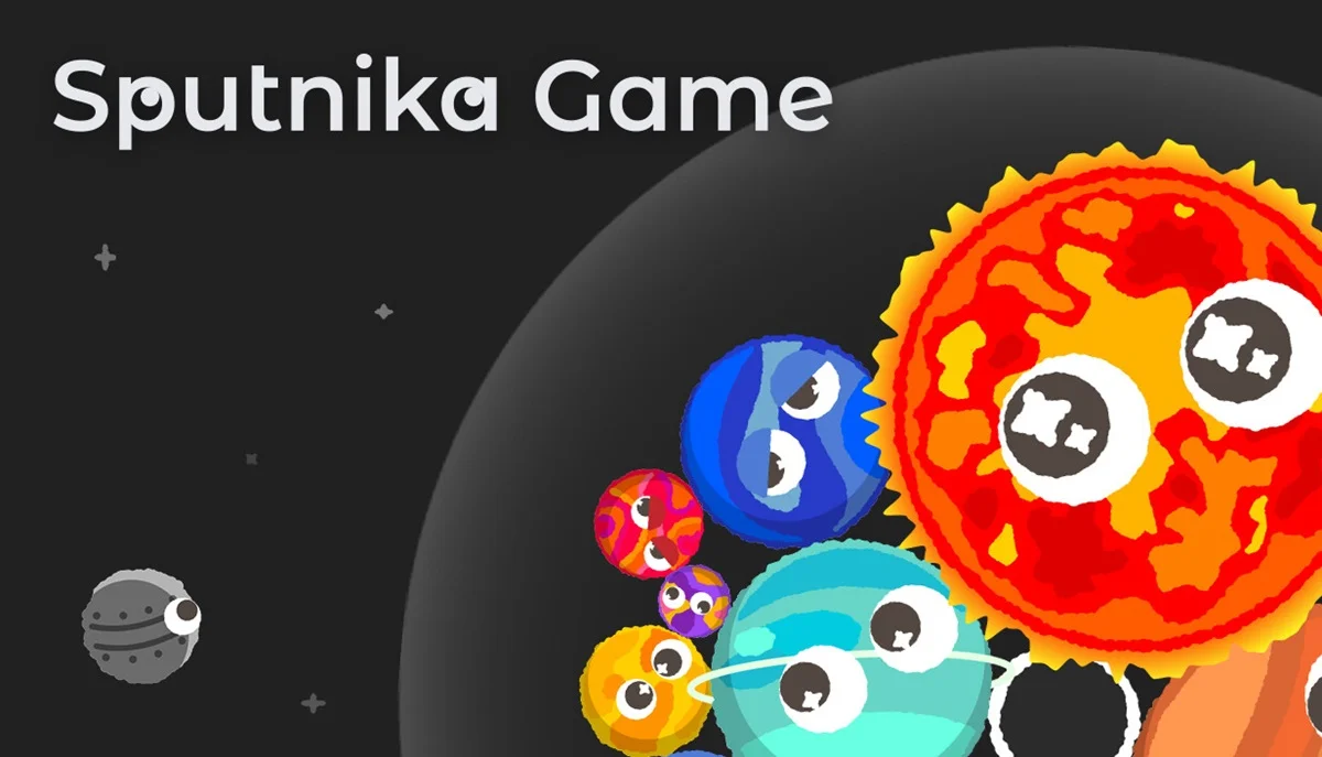 Steamで有料化が予定されているパズルゲーム『Sputnika Game』のタイトルロゴと目玉のついたカラフルな惑星たちのイラスト