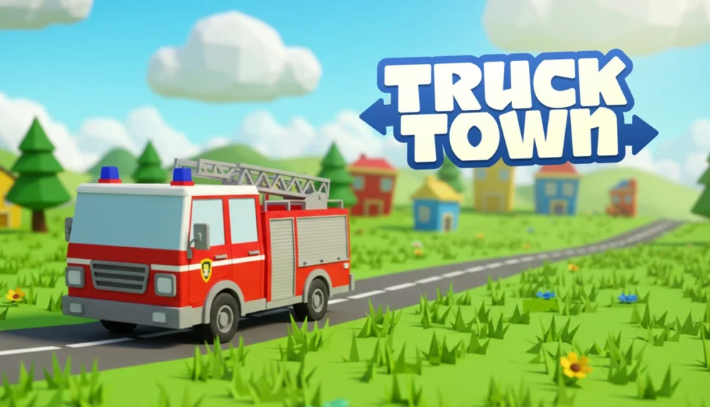 Alienware Arenaで無料配布中のキッズ向けゲーム『Truck Town: Kids and Toddlers Driving Game』のタイトルロゴと赤い消防車のイラスト
