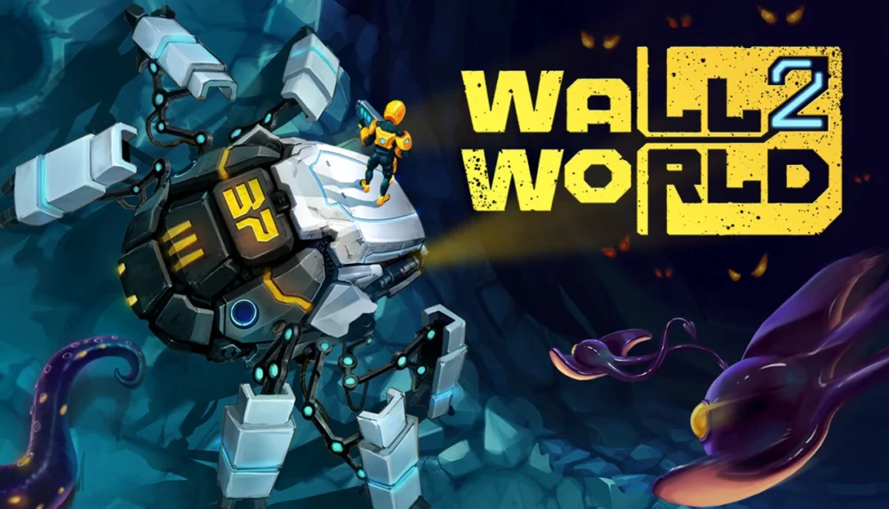 Amazon Prime Gamingで無料配布中の採掘アクションゲーム『Wall World 2』のタイトルロゴと多脚ロボットメカのイラスト