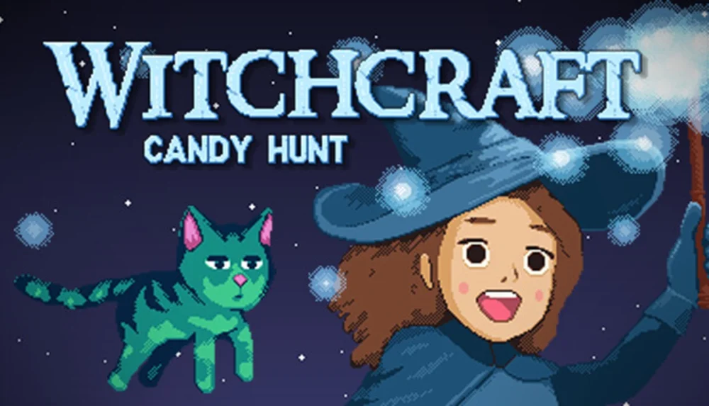 Steamで配信停止が告知されたゲーム『Witchcraft: Candy Hunt』のタイトルロゴとドット絵の魔女・猫のイラスト
