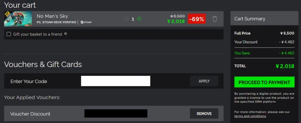 Green Man Gamingのカート画面。No Man's Skyにクーポンが適用され69%OFFの2,018円になっている状態